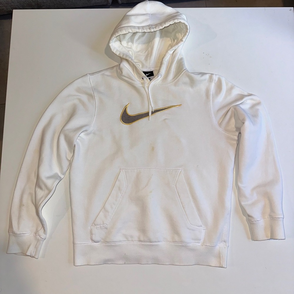 Y2K Nike Hoodie Mens Small White Gold Logo Embroidered Swoosh Streetwear 381779
